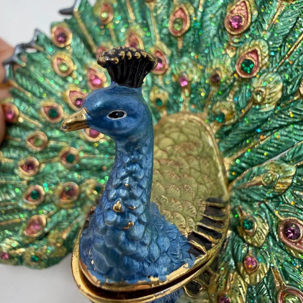 Peacock Trinket Box Enameled Rhinestone Bejeweled Jewelry Holder Green Gold VTG